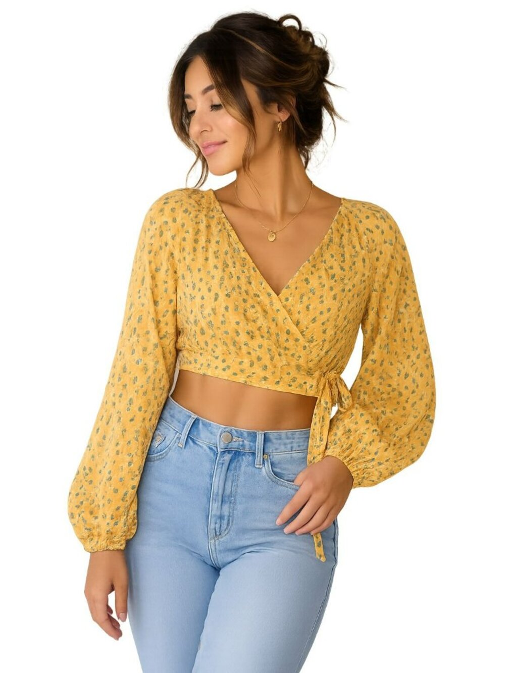 Rhode Wrap Crop Top With Long Sleeves & Tie Detail - Size L Yellow Floral